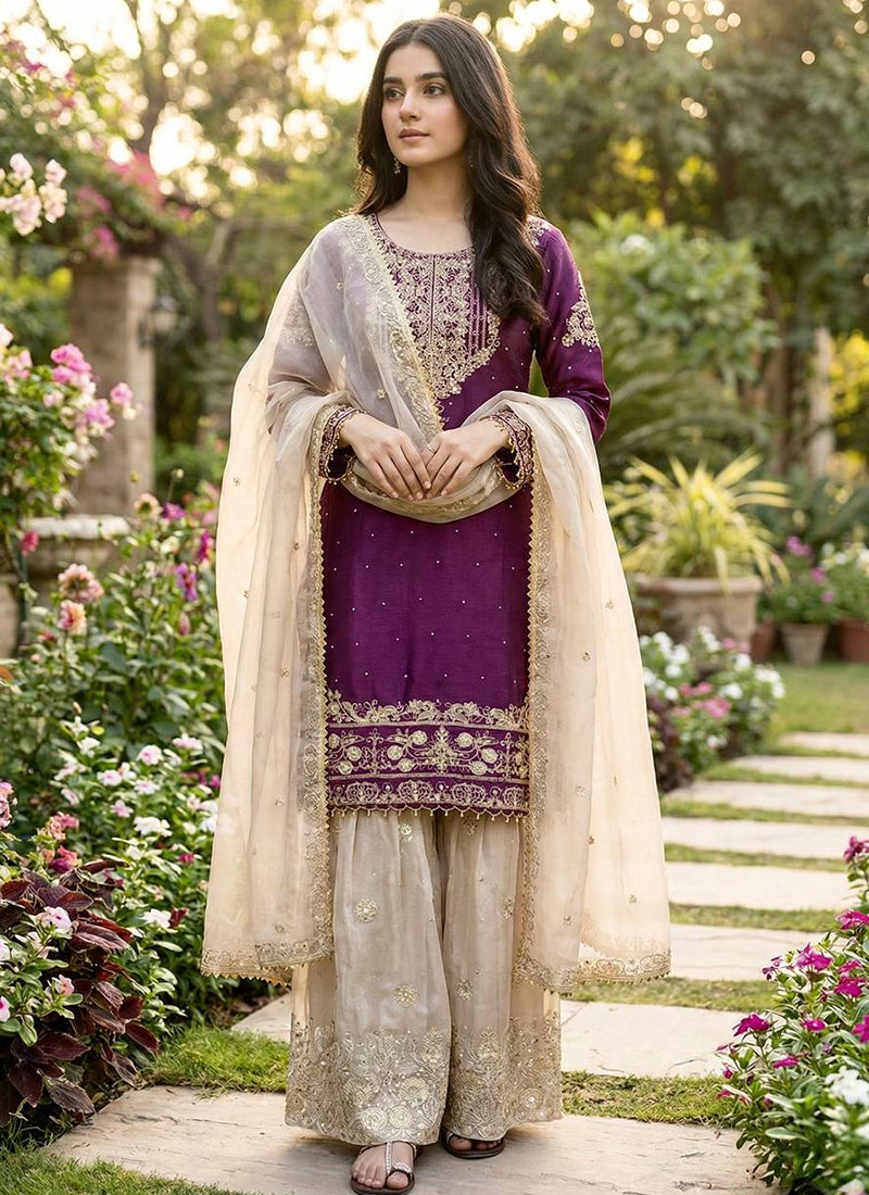 Jimmy Choo Silk Magneta Festival Wear Zari Work Readymade Sharara Suit