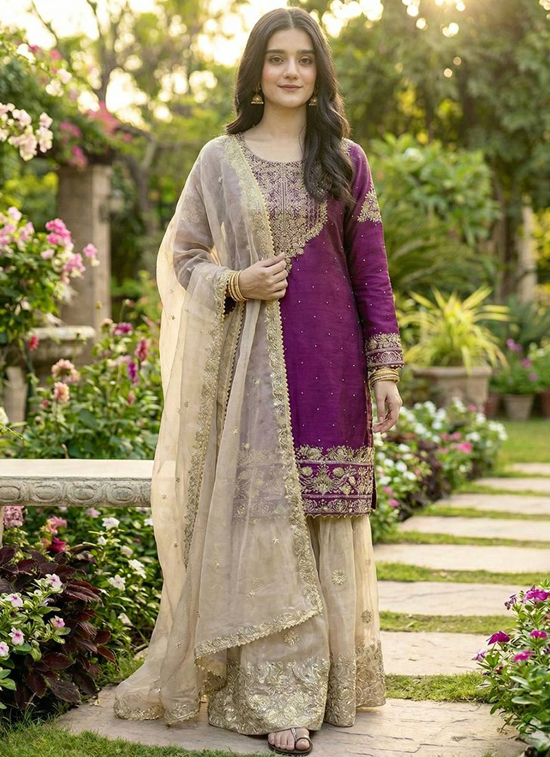 Jimmy Choo Silk Magneta Festival Wear Zari Work Readymade Sharara Suit