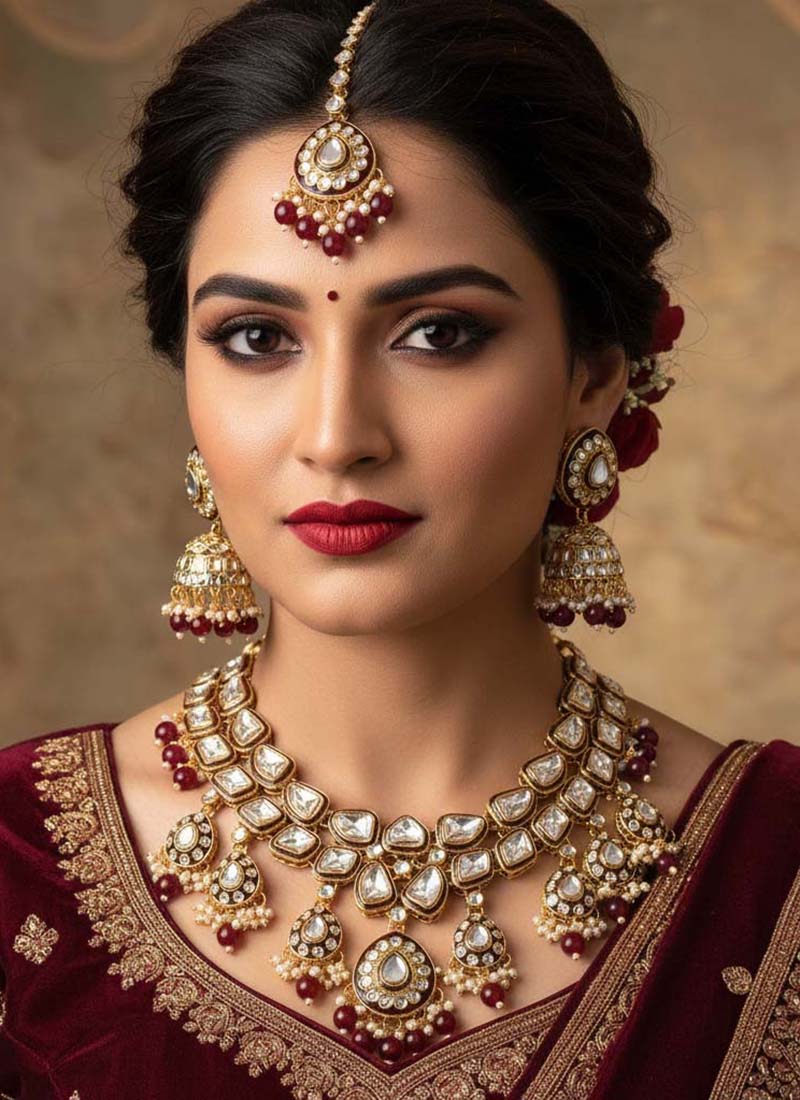 Maroon Wedding Wear Kundan Beauty Necklace Set