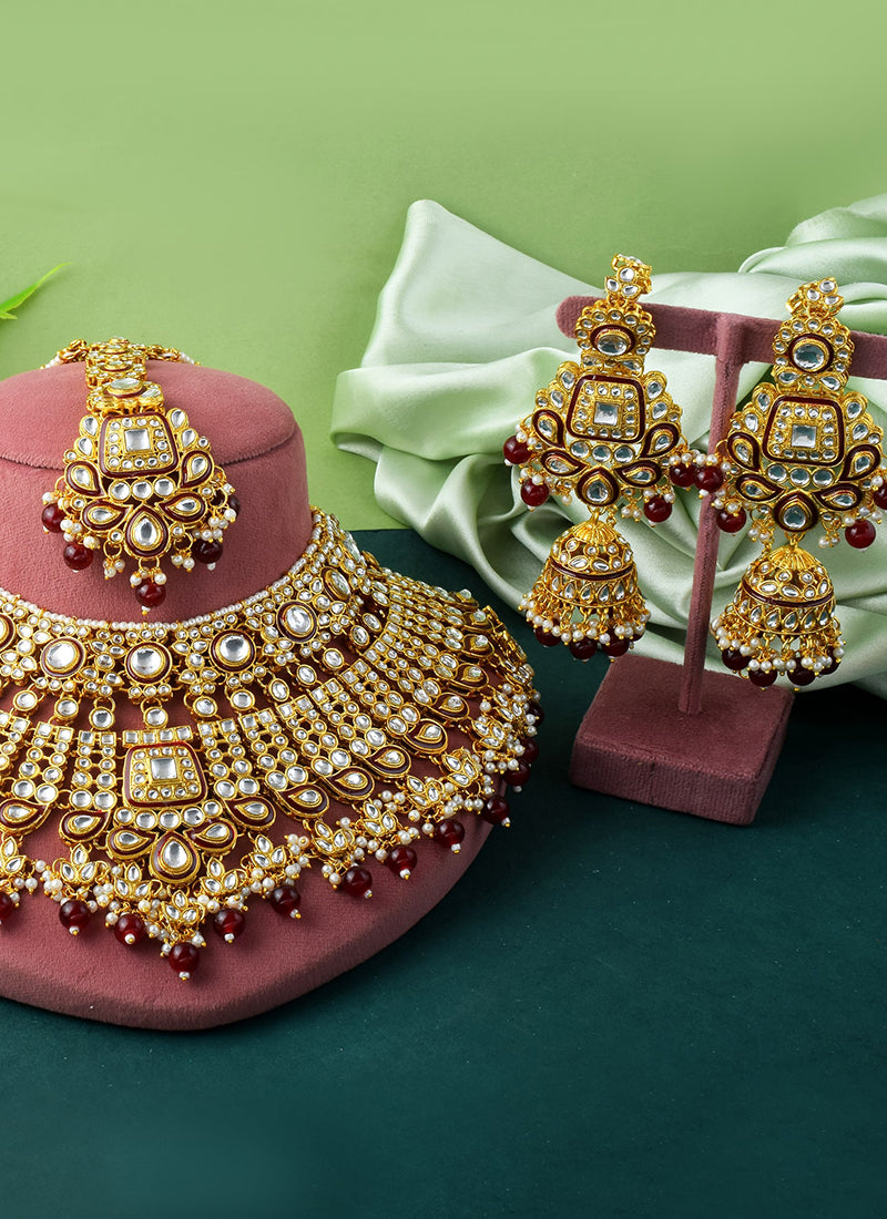 Maroon Wedding Wear Kundan Ethnic Design Necklace Set