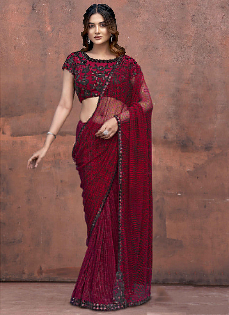 Armani Tulle Fabric Maroon Wedding Wear Bead Work Ready To Wear Saree
