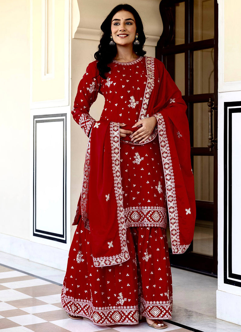 Chinon Silk Maroon Festival Wear Sequins Work Readymade Sharara Suit