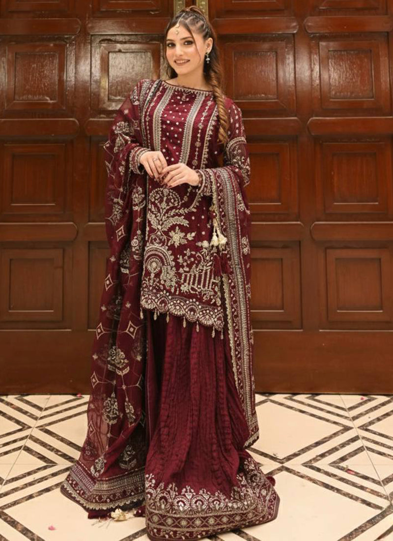 Faux Georgette Maroon Eid Wear Embroidery Work Readymade Pakistani Suit