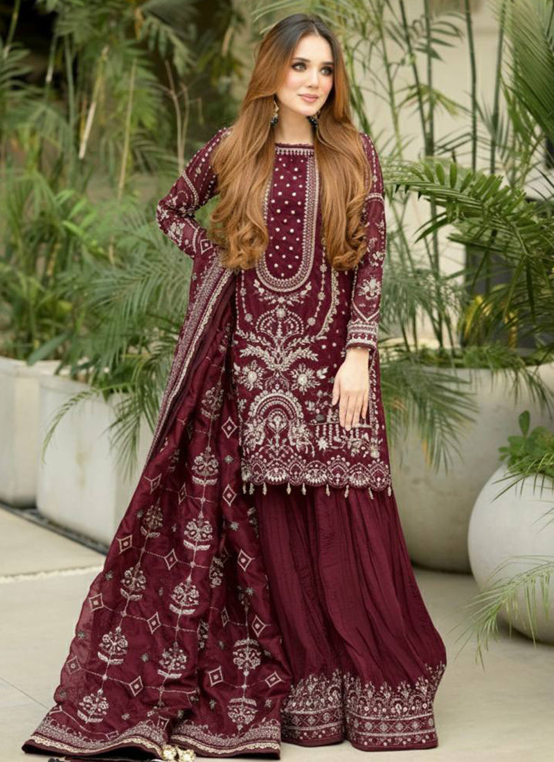 Faux Georgette Maroon Eid Wear Embroidery Work Readymade Pakistani Suit