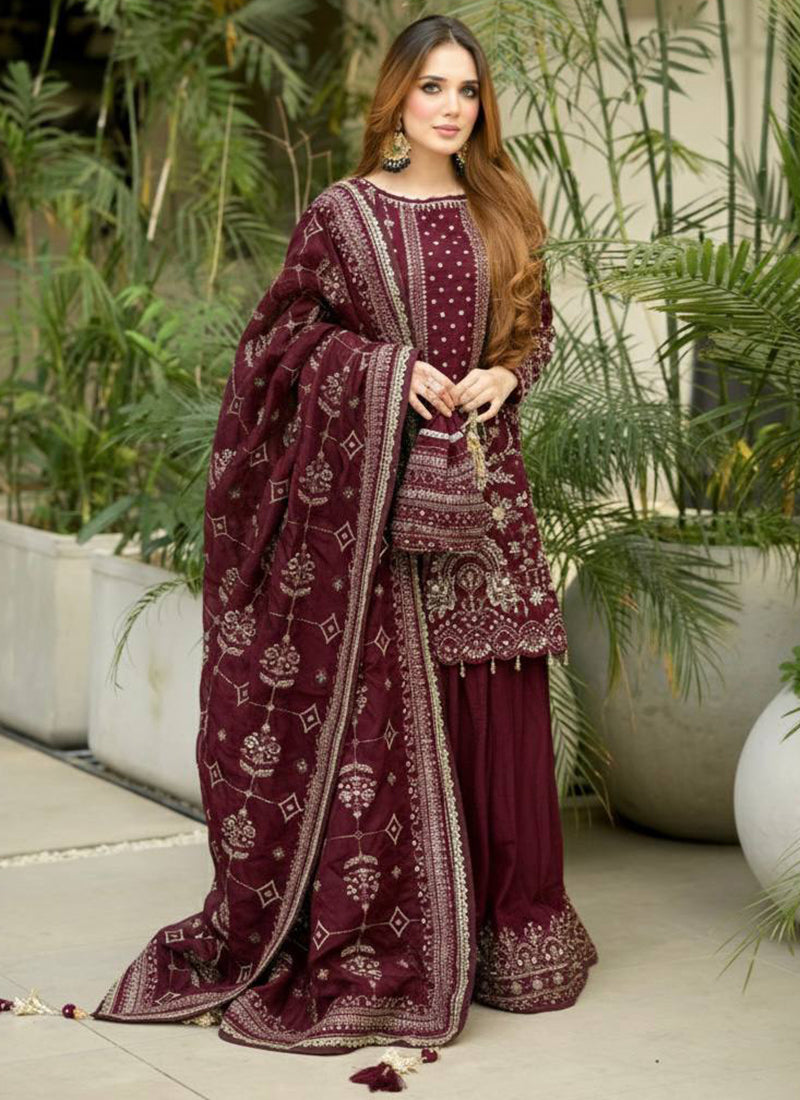 Faux Georgette Maroon Eid Wear Embroidery Work Readymade Pakistani Suit