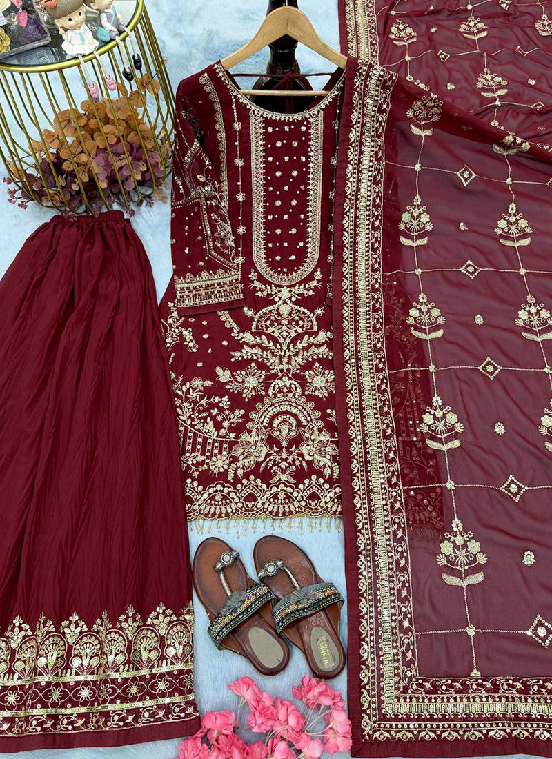 Faux Georgette Maroon Eid Wear Embroidery Work Readymade Pakistani Suit
