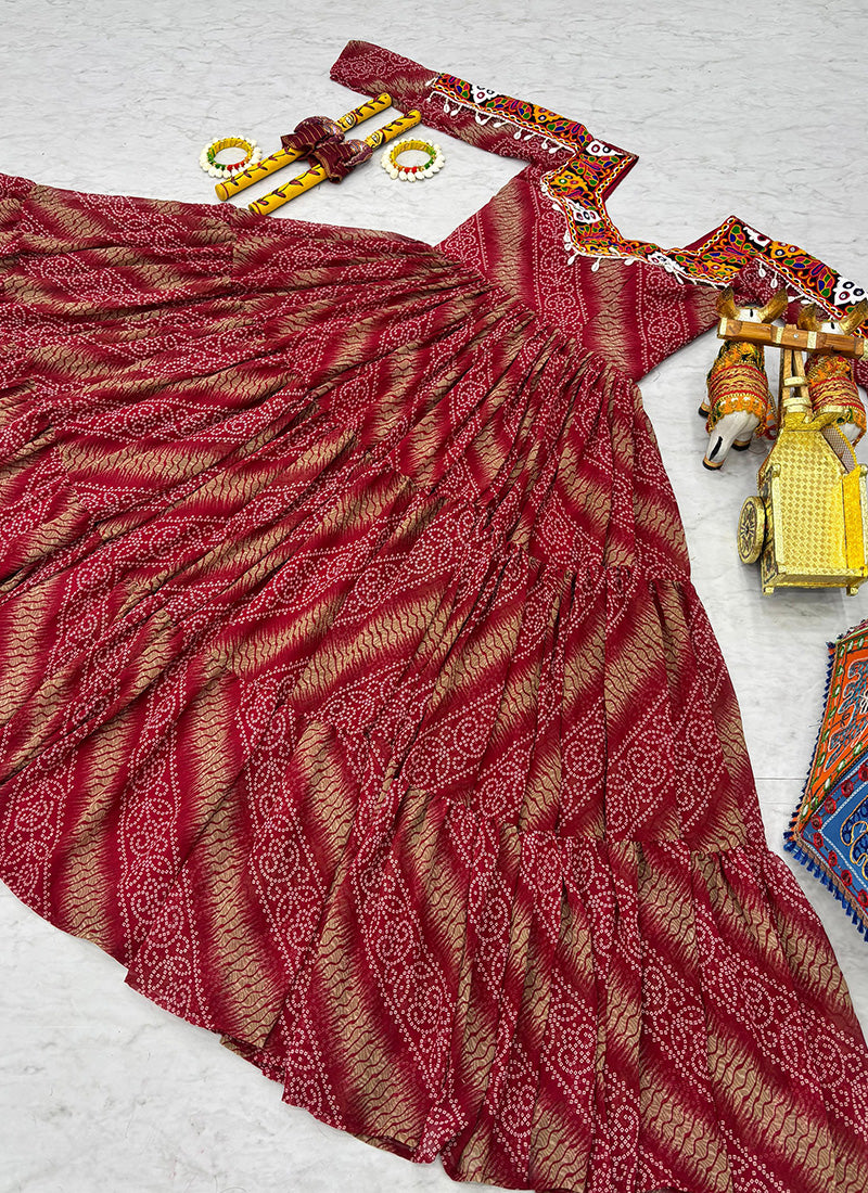 Faux Georgette Maroon Navratri Wear Bhandhani Print Readymade Gown