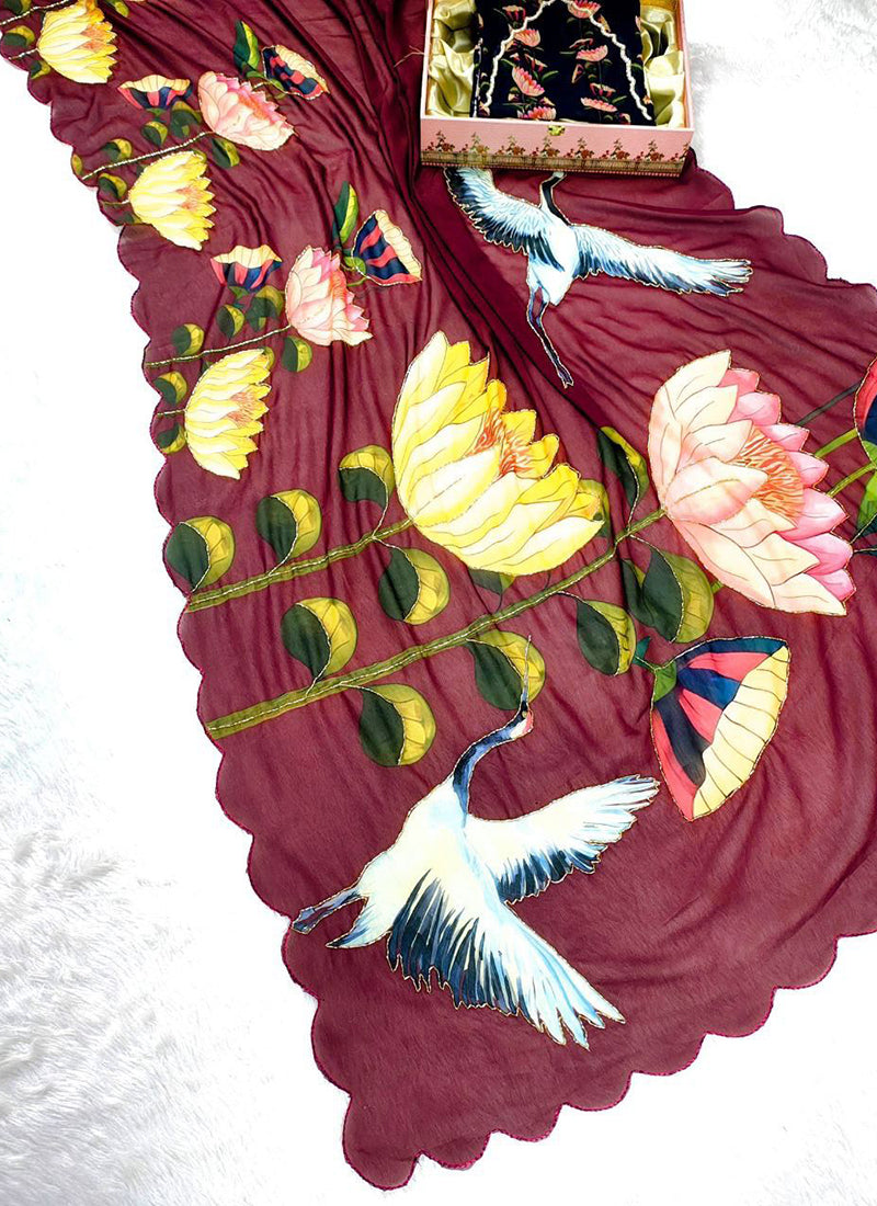 Georgette Maroon Designer Wear Digital Print Work Saree