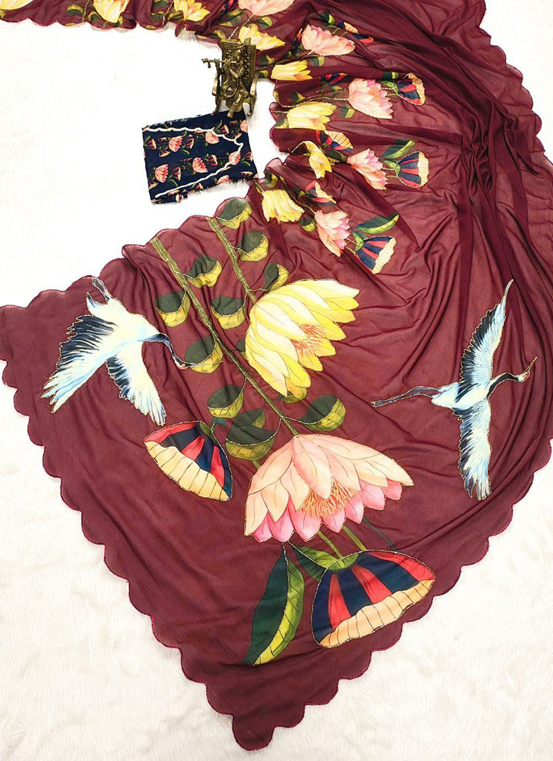 Georgette Maroon Designer Wear Digital Print Work Saree