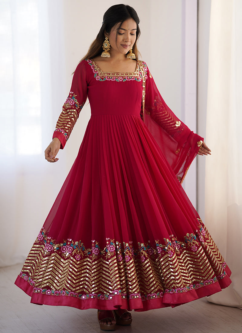 Georgette Maroon Wedding Wear Embroidery Work Readymade Anarkali Suit