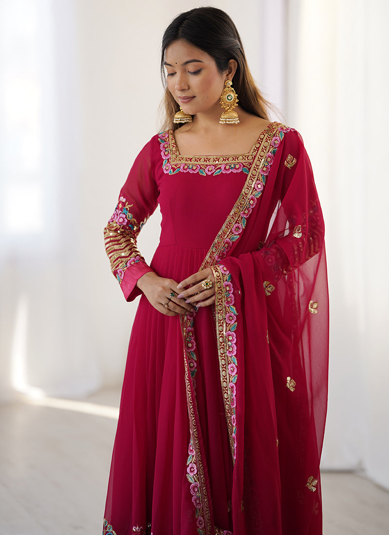 Georgette Maroon Wedding Wear Embroidery Work Readymade Anarkali Suit