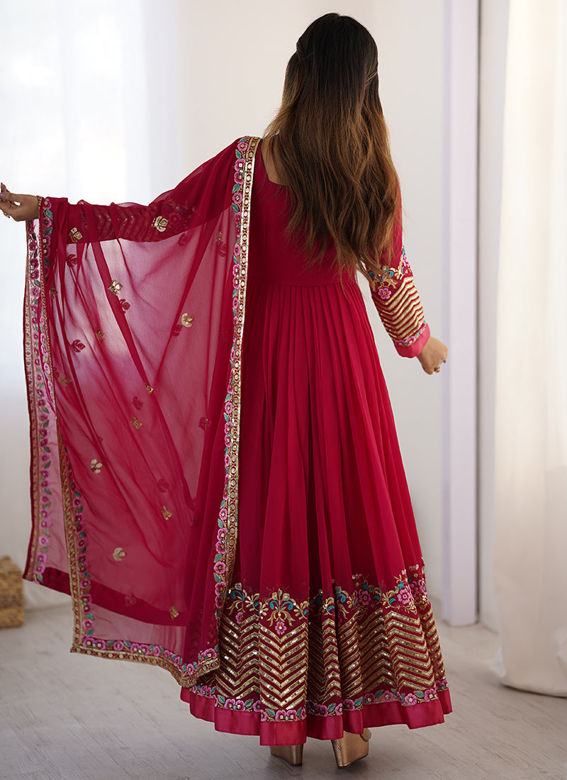 Georgette Maroon Wedding Wear Embroidery Work Readymade Anarkali Suit