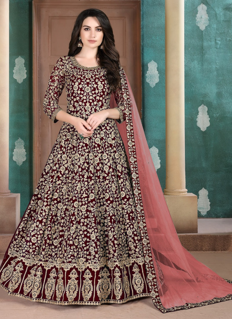 Georgette Maroon Wedding Wear Embroidery Work Anarkali Suit