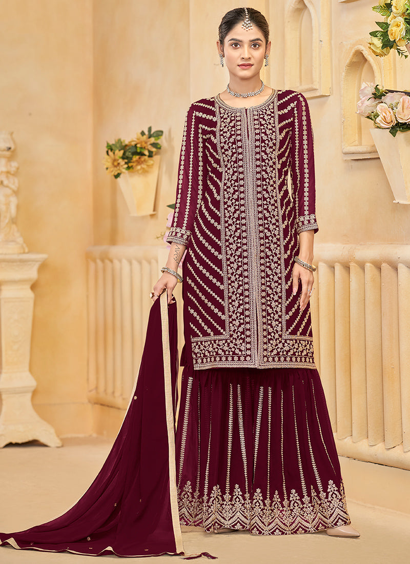 Georgette Maroon Wedding Wear Embroidery Work Readymade Sharara Suit