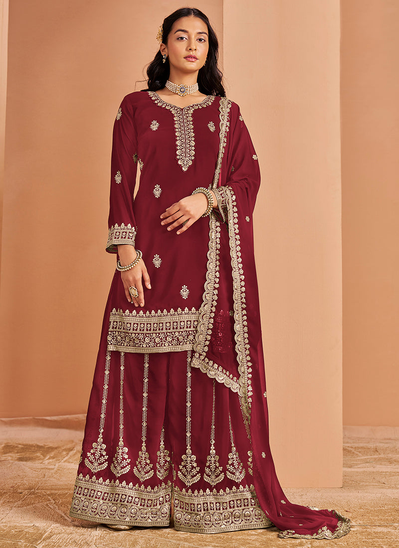 Georgette Maroon Wedding Wear Sequins Work Plazzo Suit