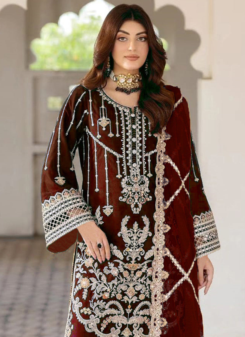Heavy Velvet Maroon Eid Wear Heavy Work Pakistani Suit