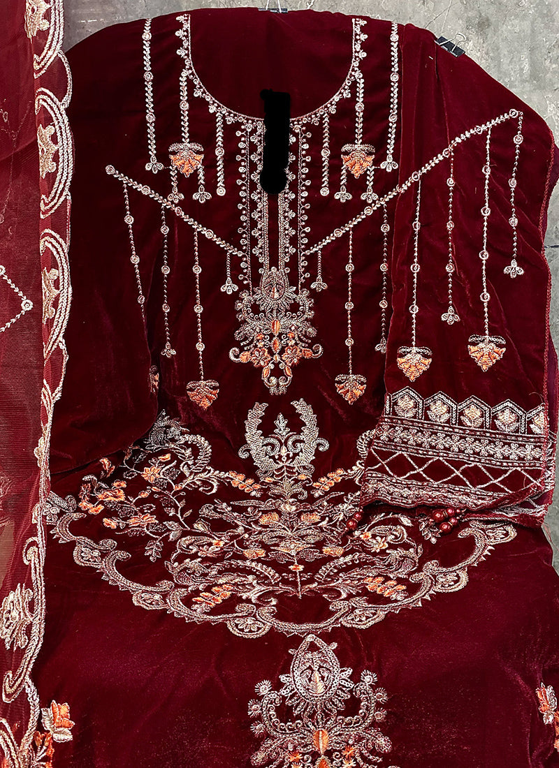 Heavy Velvet Maroon Eid Wear Heavy Work Pakistani Suit