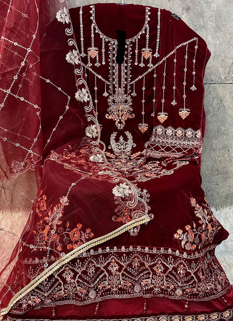 Heavy Velvet Maroon Eid Wear Heavy Work Pakistani Suit