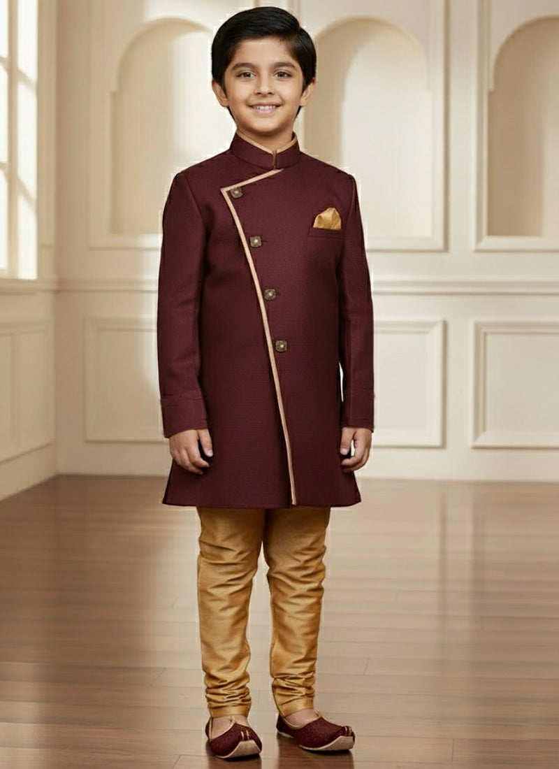 Jute Silk Maroon Wedding Wear Plain Work Readymade Indo Western For Boys