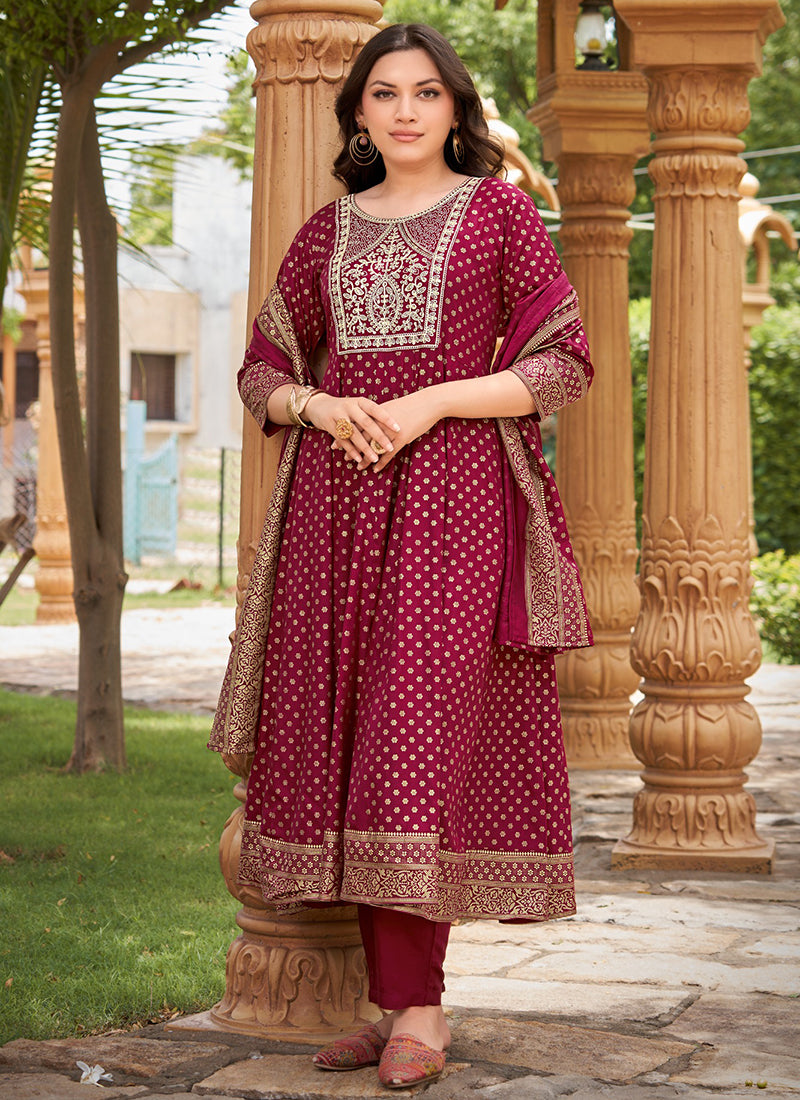 Rayon Maroon Casual Wear Sequin Work Readymade Anarkali Suit
