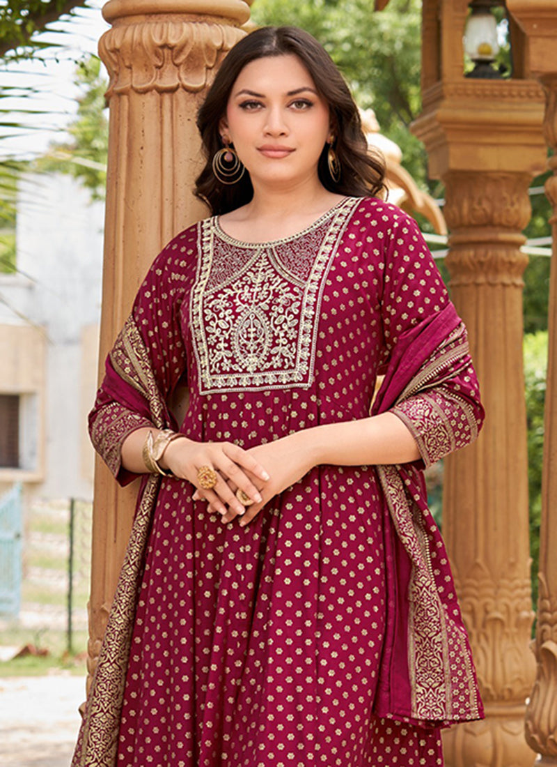 Rayon Maroon Casual Wear Sequin Work Readymade Anarkali Suit