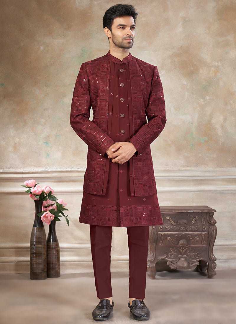 Silk Maroon Party Wear Embroidery Work Readymade Indo Western Suit