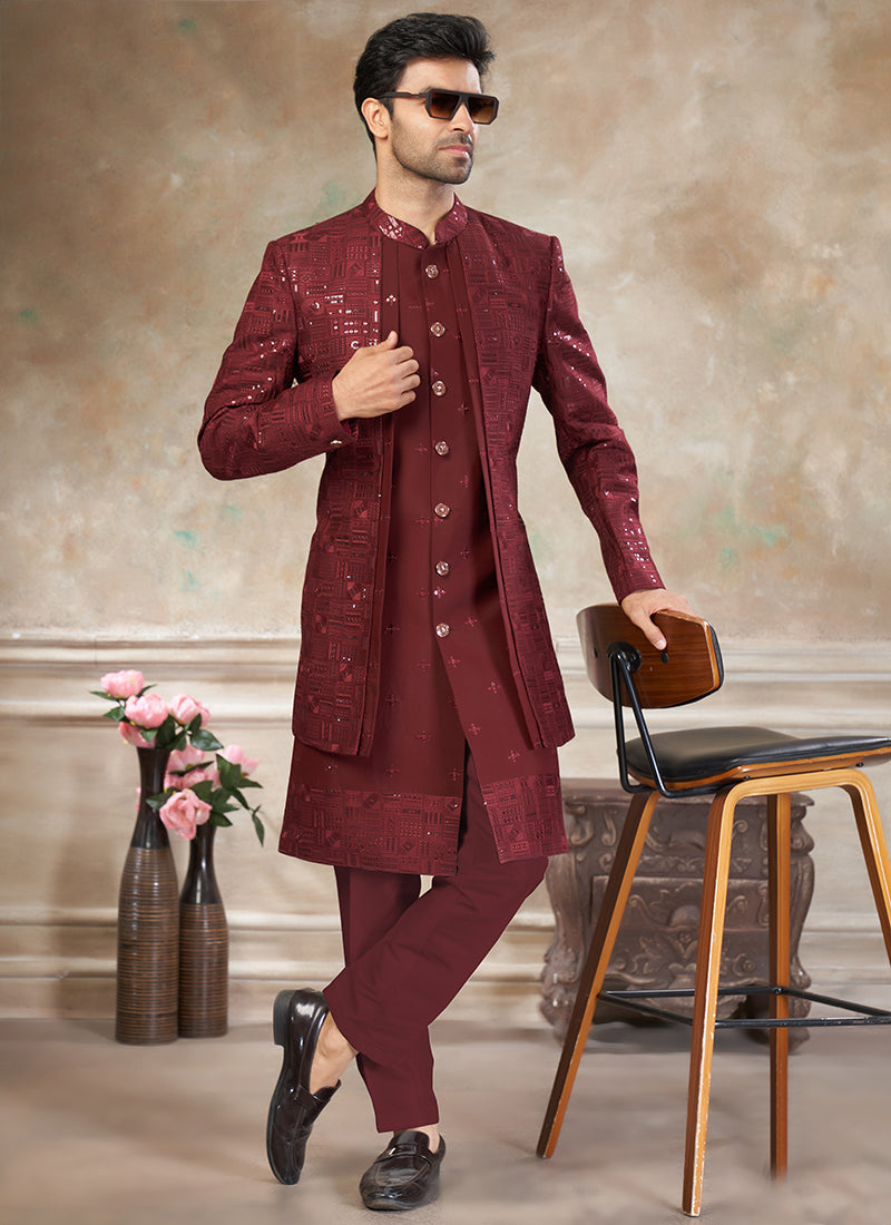 Silk Maroon Party Wear Embroidery Work Readymade Indo Western Suit