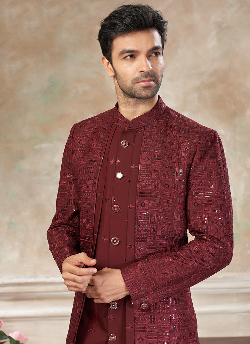 Silk Maroon Party Wear Embroidery Work Readymade Indo Western Suit