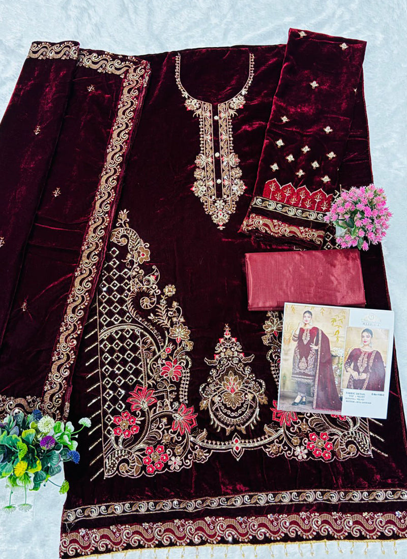 Velvet Maroon Eid Wear Sequins Embroidery Work Readymade Pakistani Suit 388807