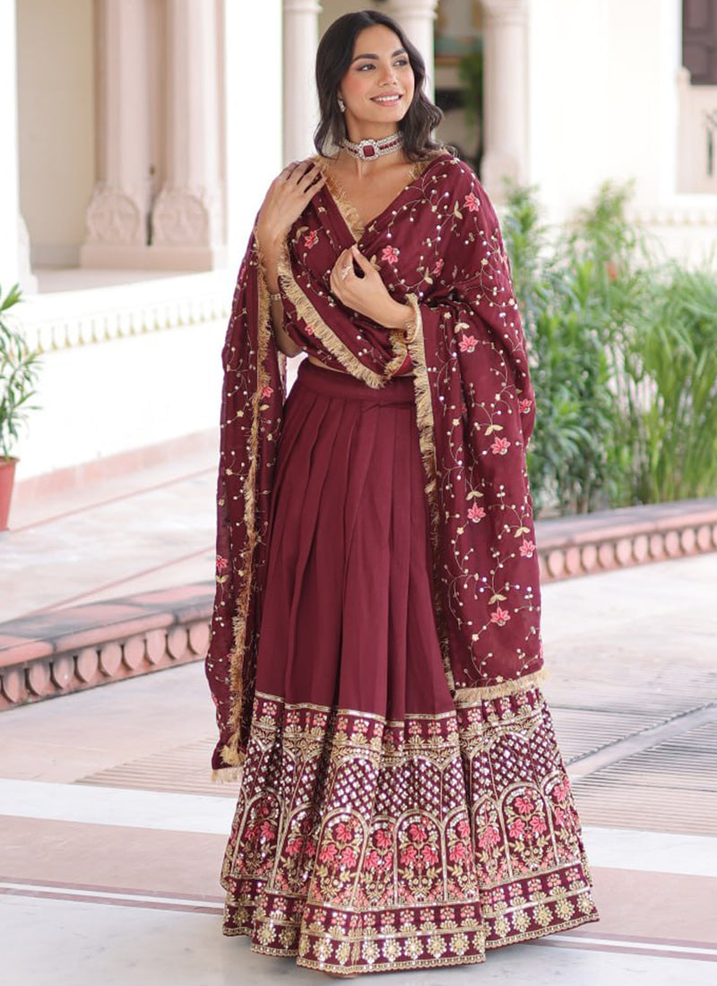 Vichitra Silk Maroon Occasional Wear Sequins Work Lehenga Choli