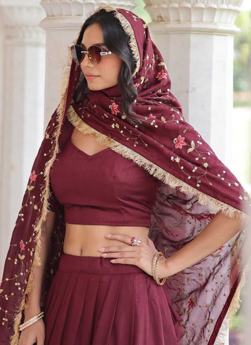 Vichitra Silk Maroon Occasional Wear Sequins Work Lehenga Choli