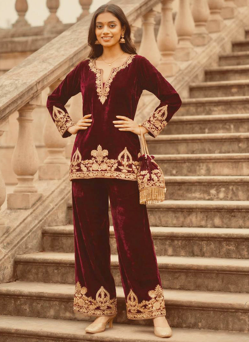 Viscose Velvet Maroon Party Wear Zari Embroidery Work Readymade Designer Kurti 388593