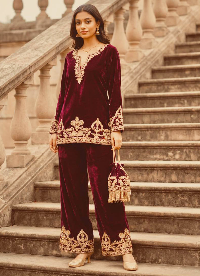 Viscose Velvet Maroon Party Wear Zari Embroidery Work Readymade Designer Kurti 388593