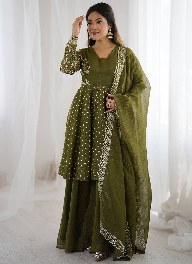 Mehendi Crunchy Silk Sequins Work  Festival Wear Readymade Plazzo Suit SW296873