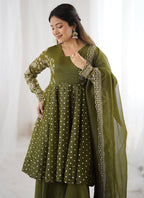 Mehendi Crunchy Silk Sequins Work  Festival Wear Readymade Plazzo Suit SW296873