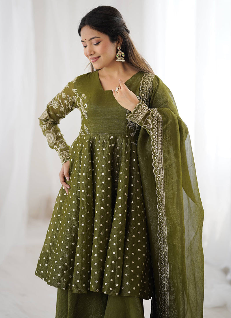 Mehendi Crunchy Silk Sequins Work  Festival Wear Readymade Plazzo Suit SW296873