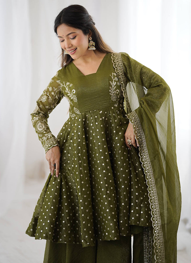 Mehendi Crunchy Silk Sequins Work  Festival Wear Readymade Plazzo Suit SW296873