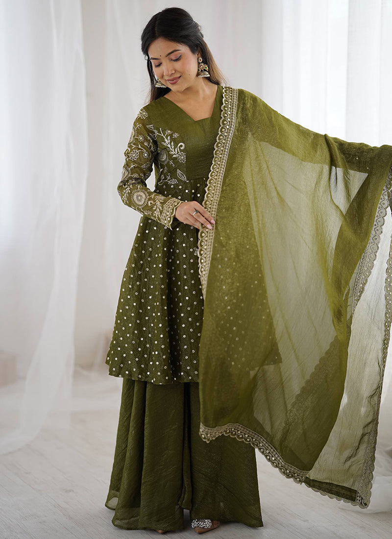 Mehendi Crunchy Silk Sequins Work  Festival Wear Readymade Plazzo Suit SW296873