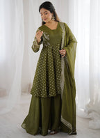 Mehendi Crunchy Silk Sequins Work  Festival Wear Readymade Plazzo Suit SW296873