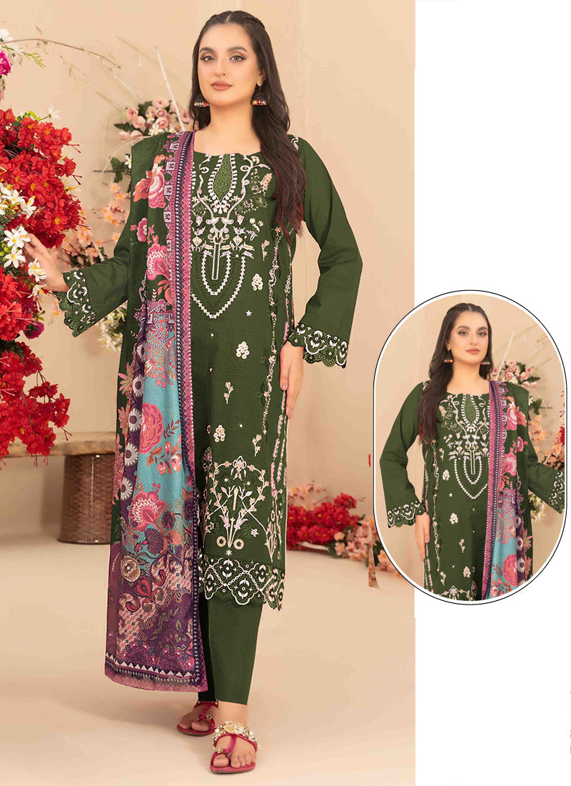 Mehndi Cambric Cotton Embroidery Work Eid Wear Pakistani Suit SW176047