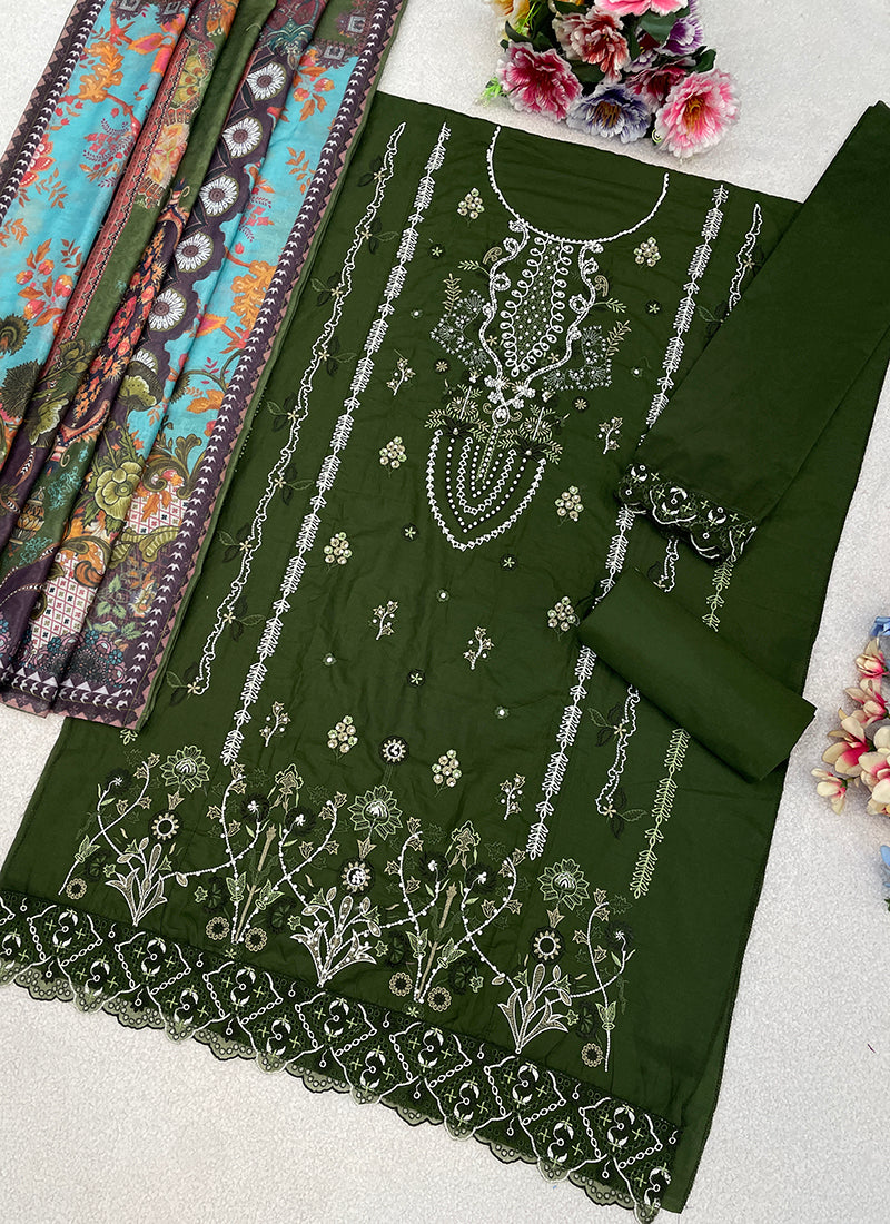 Mehndi Cambric Cotton Embroidery Work Eid Wear Pakistani Suit SW176047