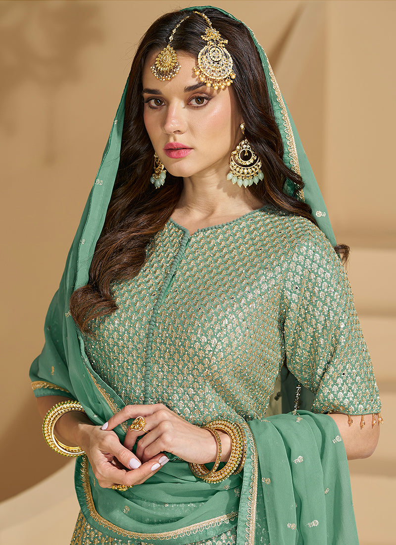 Georgette Mint Party Wear Embroidery Work Readymade Lehenga Choli