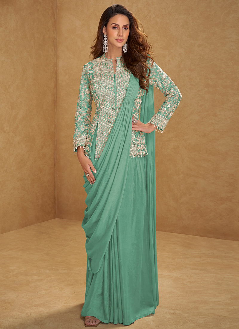 Mint Green Chinon Embroidery Work Party Wear Readymade Ethnic Wear SW638077