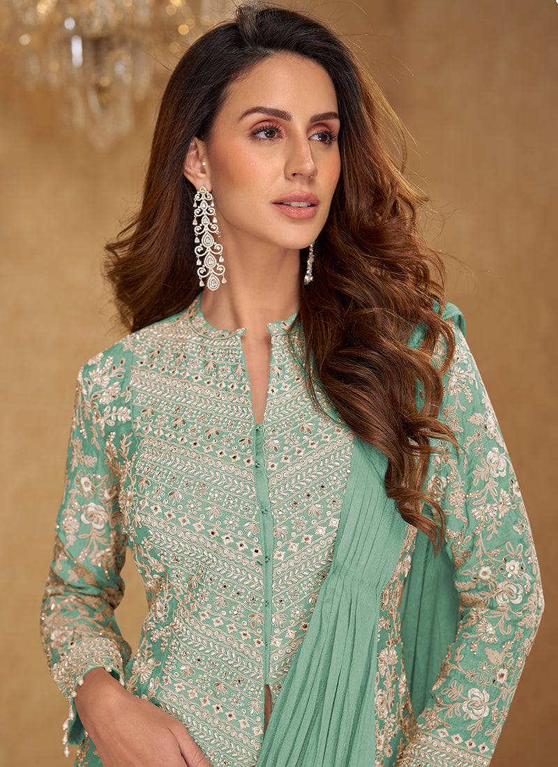 Mint Green Chinon Embroidery Work Party Wear Readymade Ethnic Wear SW638077