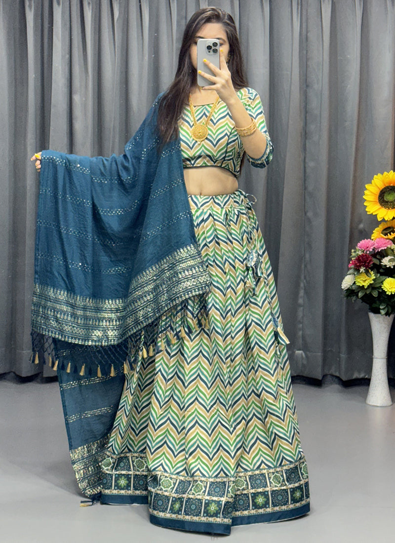 Cotton Mint Green Navratri Wear Printed Work Readymade Lehenga Choli