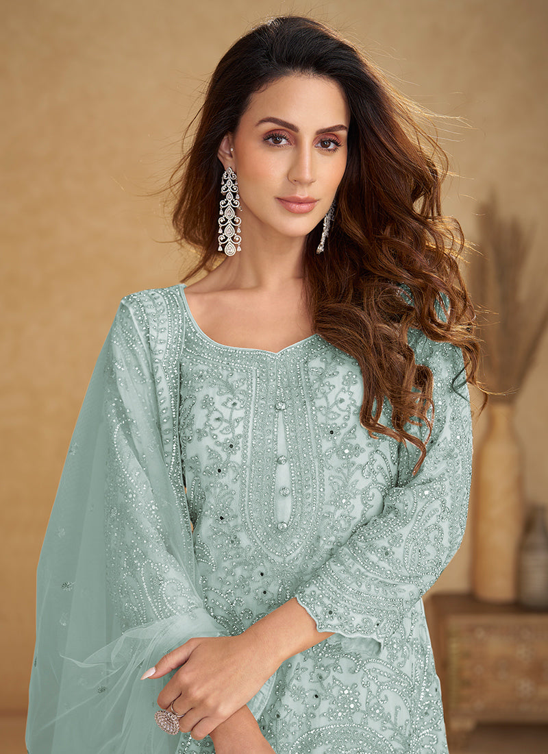 Mint Green Real Net Embroidery Work Party Wear Readymade Plazzo Suit SW249274