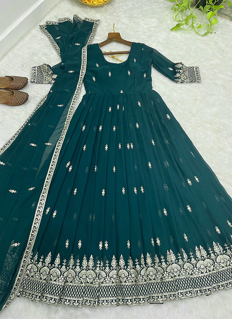 Georgette Morpeach Wedding Wear Embroidery Work Readymade Gown With Dupatta