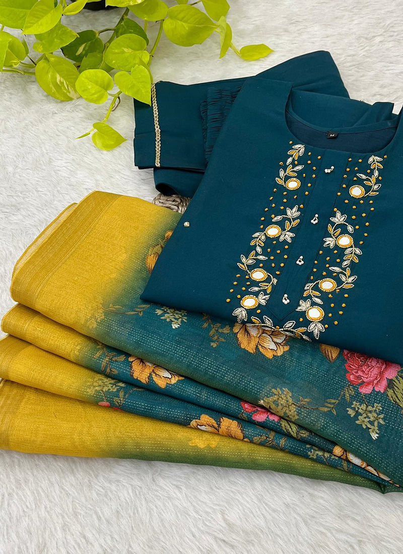 Roman Silk Morpeach Traditional Wear Hand Work Readymade Kurti Set