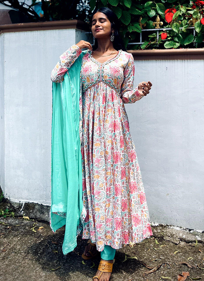 Chinon Multi Daily Wear Digital Print Readymade Aliya Cut Anarkali Suit