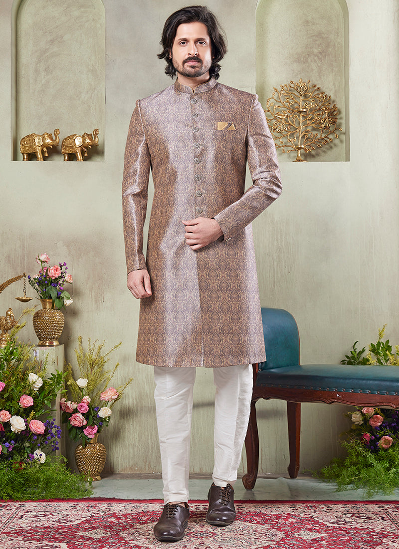 Art Silk Multi Color Wedding Wear Print On Computer Thread Work Readymade Sherwani